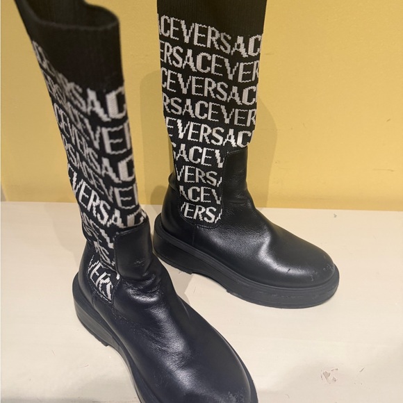 Versace Shoes - Versace Black and White Logo Sock Boots